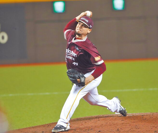 樂天桃猿洋投威能帝先發3局5次三振、無失分。（劉宗龍攝）