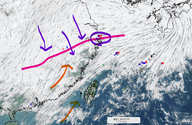 今天长江中下游有道锋面逐渐南移中，周三将来到台湾附近。(翻摄自彭启明脸书)