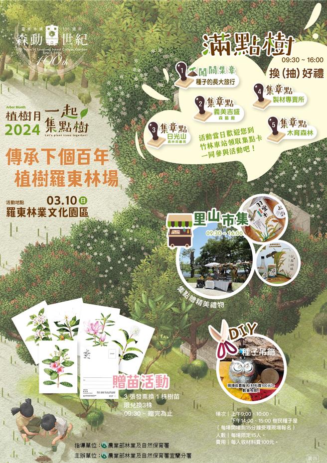 有赠苗、里山市集、集章、闯关抽好礼等，树民种子屋还举办4场次限额及收费的种子DIY，制作讨喜的猫头鹰吊饰。（林业保育署宜兰分署提供／吴佩蓉宜兰传真）