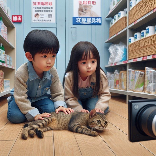 大陆四川两名国小生闯进无人店，对店内的猫咪施虐。（AI生成图）