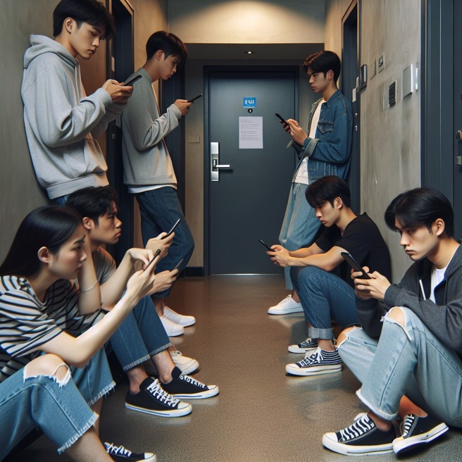 一对情侣邀朋友到饭店聊天，没想到啪啪啪太投入，朋友在房间外等到不耐烦。（AI生成图）