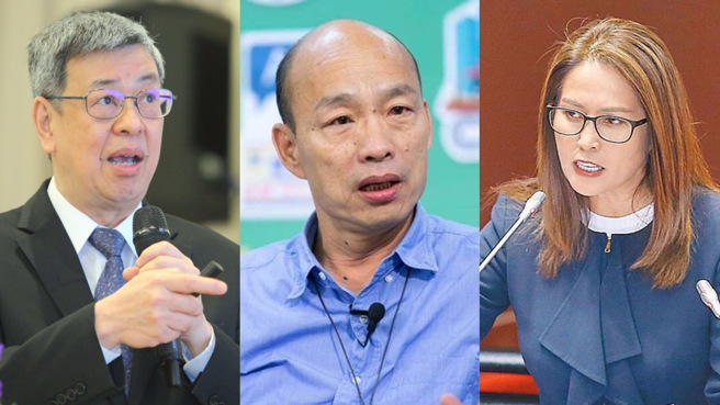 立法院今进行总质询，高金素梅（右）重申今天的质询是可以接受全民检验，陈建仁（左）则说社会自有公评，立法院长韩国瑜（中）则急出面缓颊喊暂停。（本报资料照合成）