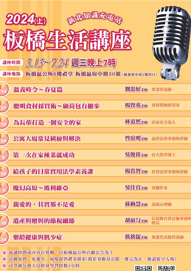 板桥生活讲座活动场次。（板桥区公所提供）