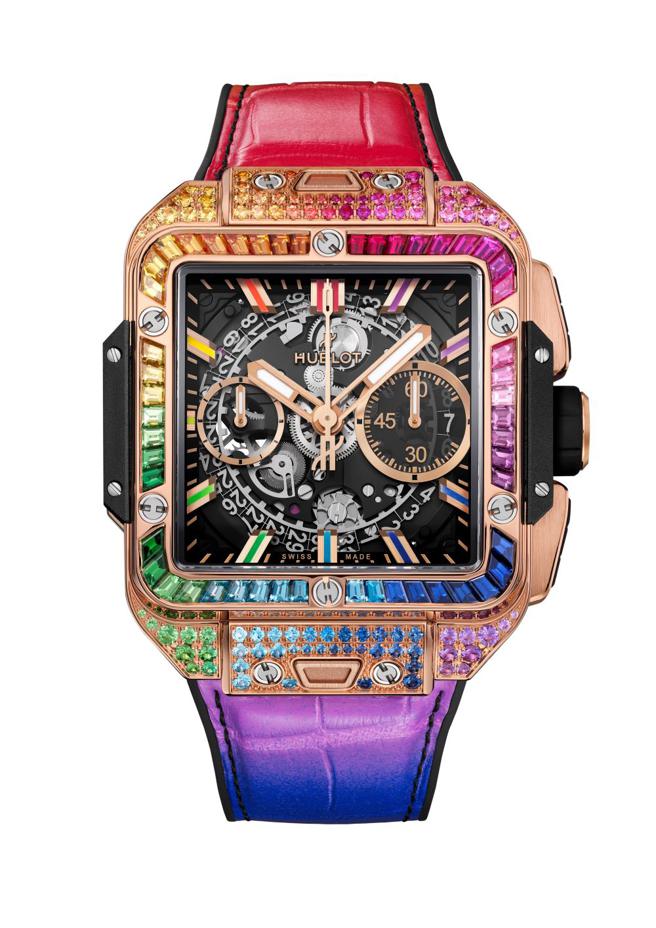 宇舶表Square Bang Unico彩虹寶石計時碼表，皇金款319萬2000元。（HUBLOT提供）