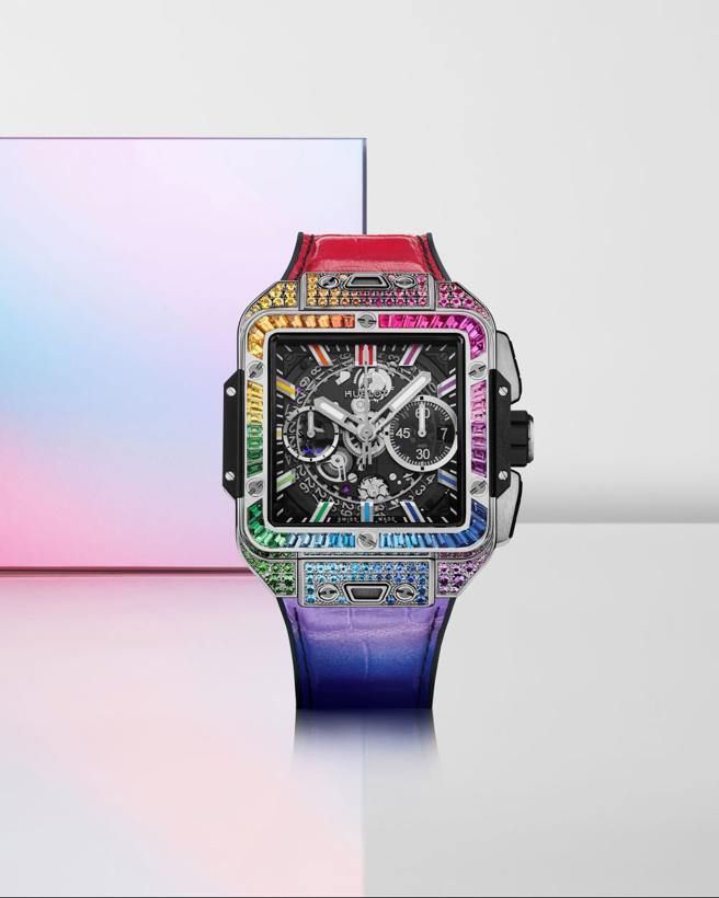 宇舶表Square Bang Unico彩虹寶石計時碼表，鈦金款244萬5000元。（HUBLOT提供）