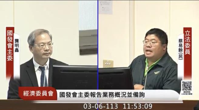 立委蔡易余6日在立法院质询国家发展委员会主委龚明鑫，询问台积电在嘉科设先进封装厂的状况。（吕妍庭翻摄）