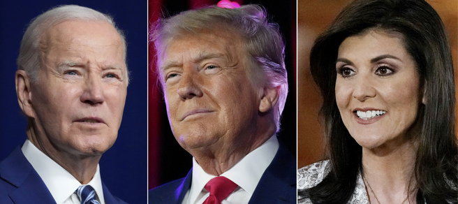 美國總統拜登（左）代表民主黨角逐2024大選的態勢早已明朗。「超級星期二」共和黨初選結果，川普（中）橫掃14州，海利（右）僅拿下1州。待海利正式宣布退出初選，4年前兩黨「川拜對決」局面幾可確定重演。（資料照／美聯社）