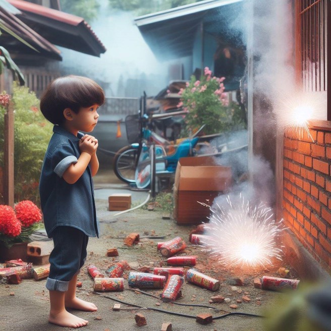 熊孩子把鞭炮丢进邻居家，害邻居家起火燃烧。 （AI 生成图）