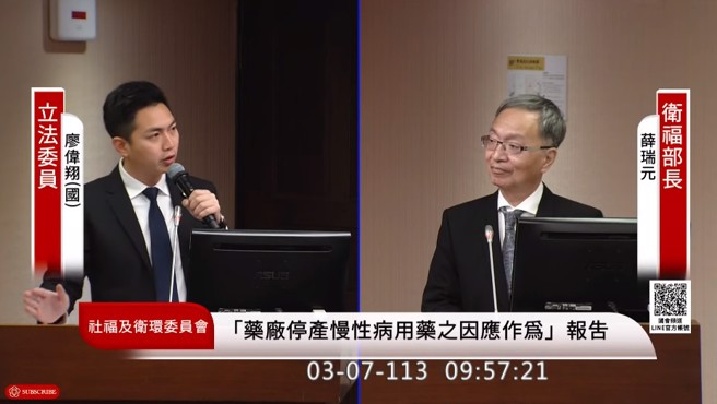 国民党立委廖伟翔今在立法院卫环委员会，质询卫福部长薛瑞元。（翻摄自国会频道）