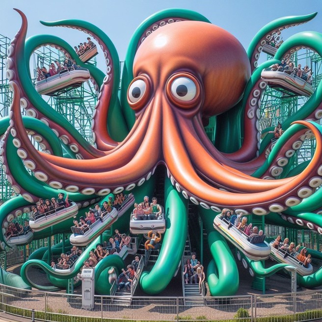 馬來西亞一對男女在搭乘八爪魚遊樂設施時，意外被拋飛15公尺重傷送醫。（AI 生成圖）