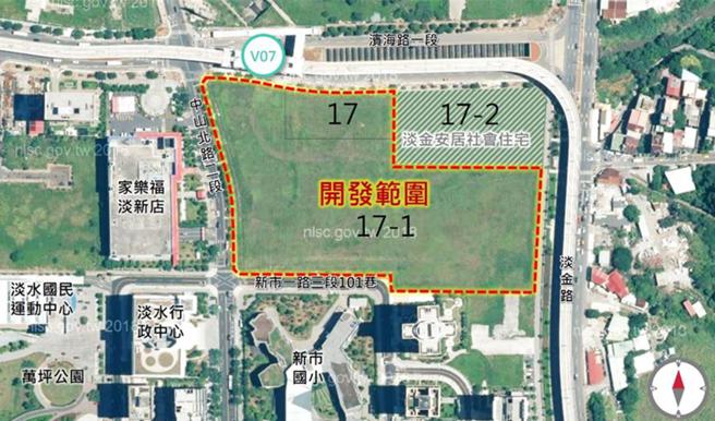 「淡海轻轨淡水行政中心站周边土地开发案」招商开发范围示意图。图／国土署提供