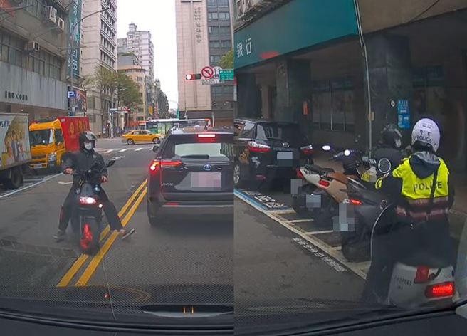 有外送员在找寻停车位时，一看到空位就立刻跨越双黄线回转，没想到竟直接遇到巡逻警察。（图／翻摄自脸书爆废1公社）