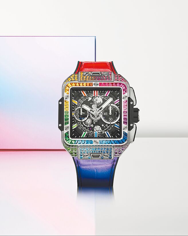 宇舶表Square Bang Unico彩虹宝石计时码表，钛金款244万5000元。（HUBLOT提供）