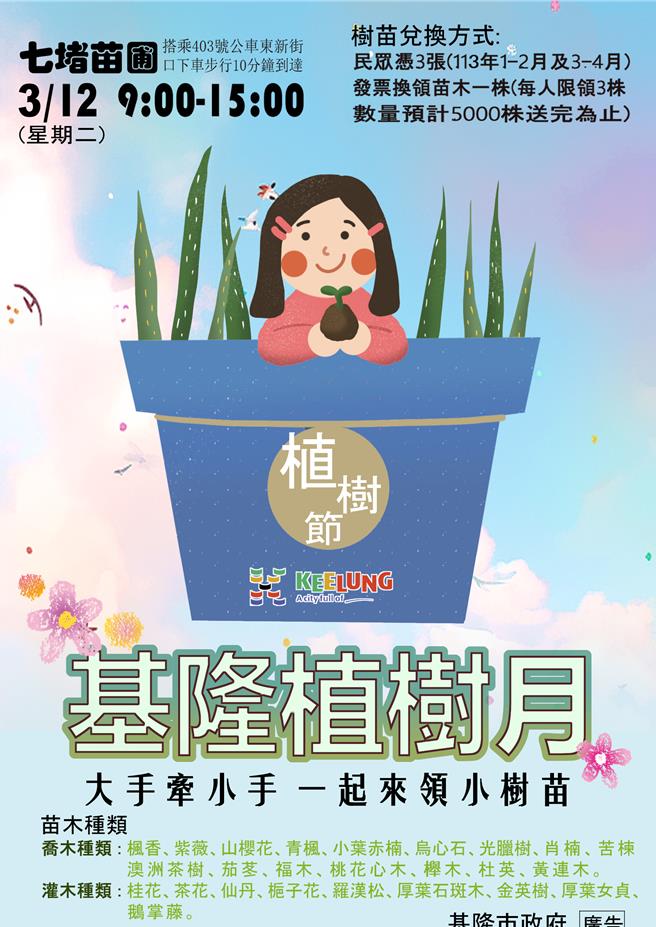 植树节下周即将到来，基市府推出「发票换树苗」活动，于3月12日在七堵苗圃发放，凭今年1至2月、3至4月发票3张，即可换1株树苗，每人限3株，送完为止。（基隆市产发处提供／徐佑升基隆传真）