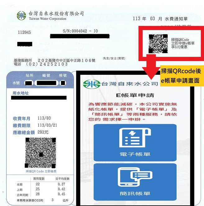 台湾自来水公司为衝刺无纸化比例，宣布3月起在水费通知单右上方新增一组用户专属QR Code，民眾只要用手机轻松扫即可申请。(台水提供)