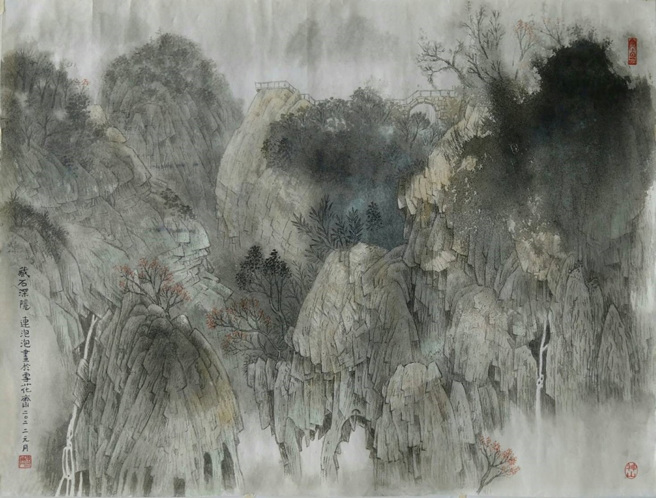 连建兴-藏石深隐-彩墨。（图／黄庭超老师提供）