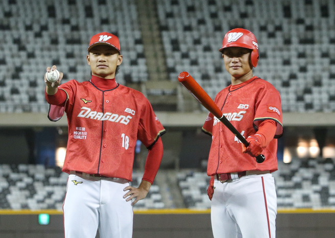 味全龍投手徐若熙（左）、內野手劉基鴻（右）。（趙雙傑攝）