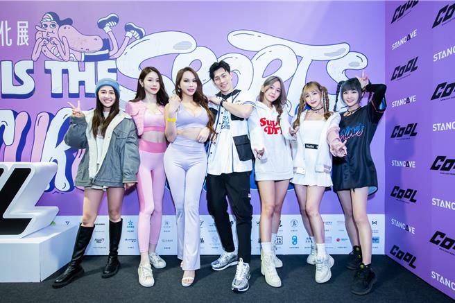 郑羽凡（左起）、可芙、小A辣、熠凯、呼呼-林芷莹、Miss布丁、凯伊，出席运动生日趴。（红心字会提供）