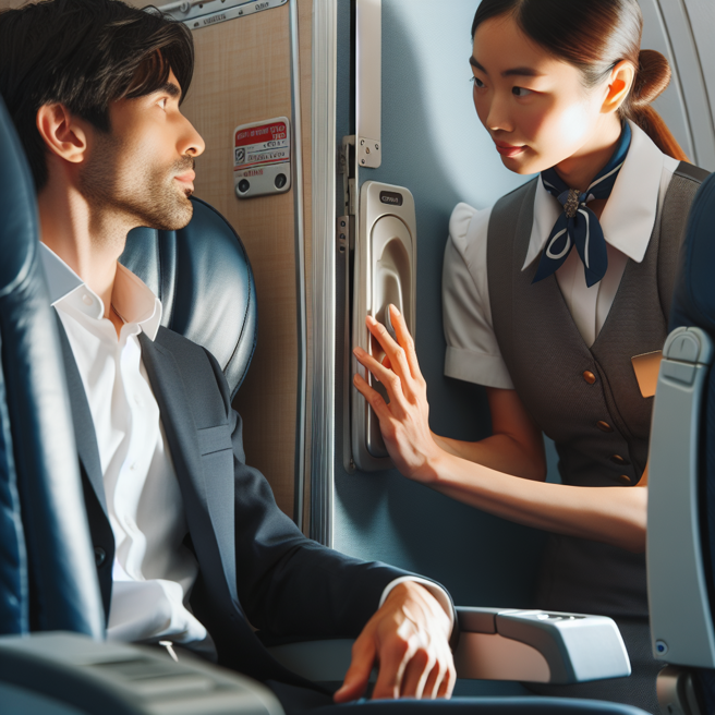 飛機起飛前，一名男子拉開機艙門，及時被空服員擋下按回。（圖／AI生成）