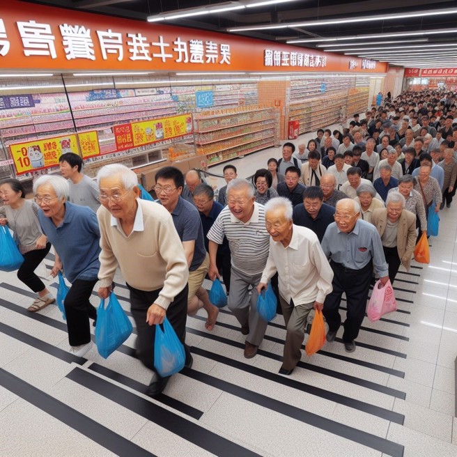 重慶一間超市舉行特賣促銷會，沒想到搶排隊的全部都是老人，網友驚呼病都好了。（AI生成圖）