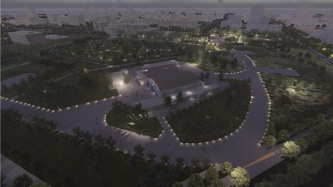 「時空永續．高空之眼-桃園航空城黑貓中隊歷史文化保存與公園景觀再造」舊有滑行道夜間照明模擬圖。(工務局提供／蔡依珍桃園傳真)