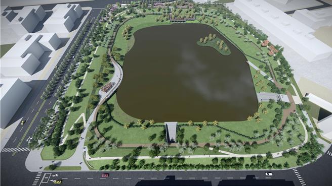 「航道下的碧綠之珠-埔心大埤公園再生計畫」全區設計模擬圖。(工務局提供／蔡依珍桃園傳真)