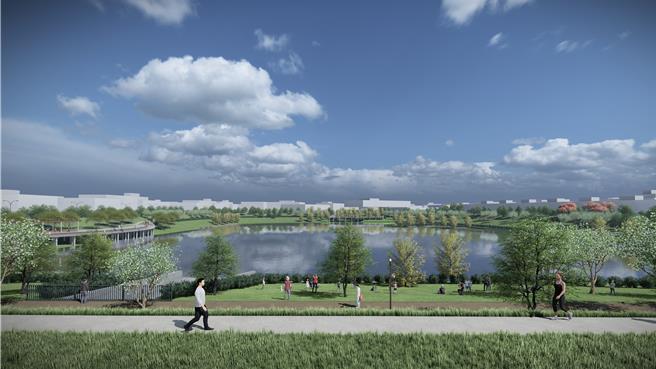 「航道下的碧綠之珠-埔心大埤公園再生計畫」滯洪草坡及水岸環道模擬圖。(工務局提供／蔡依珍桃園傳真)