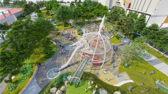 「龍潭運動公園兒童遊戲場景觀改善工程」—軍事設施挑戰區模擬圖。(工務局提供／蔡依珍桃園傳真)