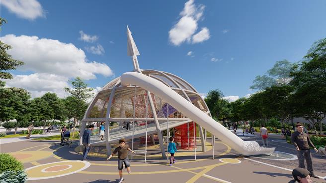 「龍潭運動公園兒童遊戲場景觀改善工程」—勝利女神飛彈攀爬網模擬圖。(工務局提供／蔡依珍桃園傳真)