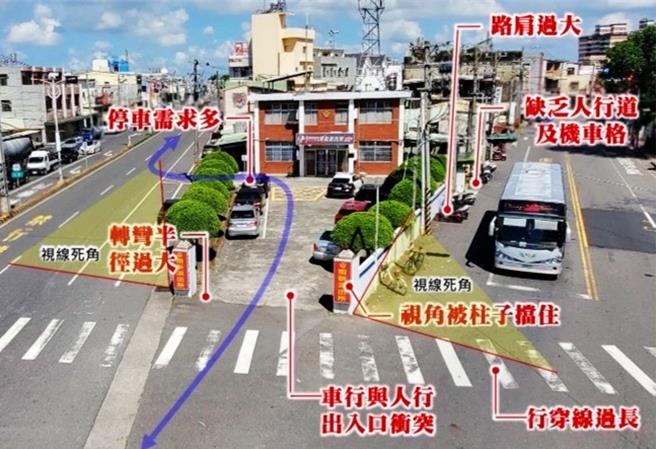 嘉义县太保市南新派出所位于多叉路口，一旁是学生眾多的南新国小，县府规画拆除派出所围墙，县议员詹琬蓁质疑有安全疑虑。（詹琬蓁提供∕吕妍庭嘉义传真）