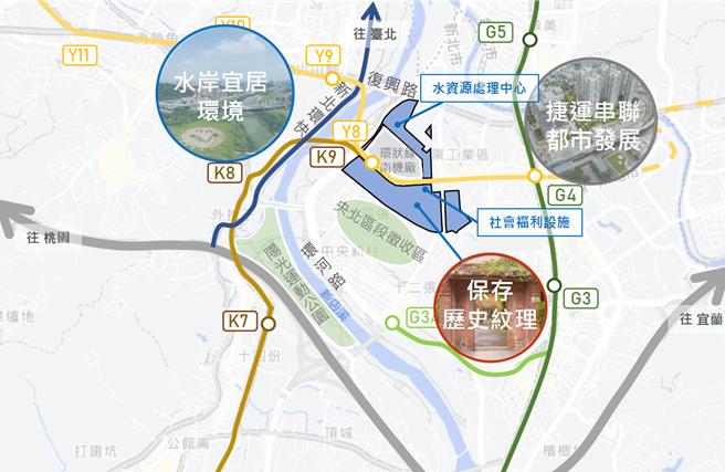 十四張區徵案位於捷運環狀線南機廠及十四張站周邊（藍色區塊）。（新北地政局提供）