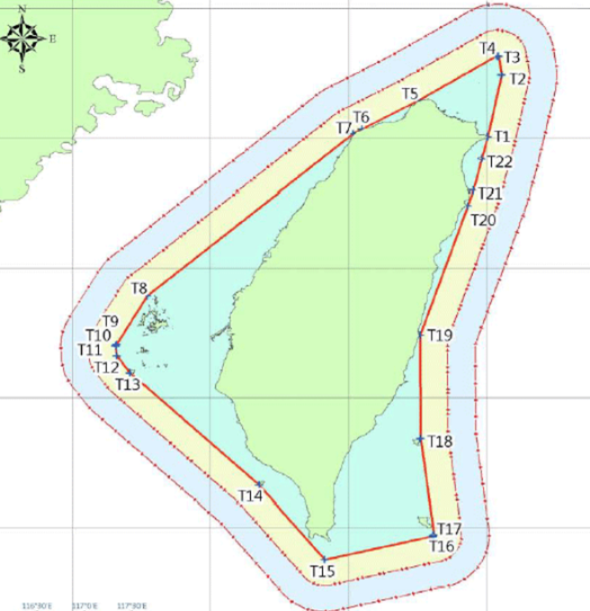 「中华民国第一批领海基线、领海及邻接区外界线」，绿色为台湾本岛，本岛外的浅绿色部分为内水，黄色部分为领海，浅蓝色部分为邻接区。（取自内政部官网）