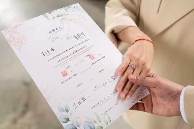 民眾黨台北市議員「學姐」黃瀞瑩11日在臉書上曬出婚訊，而「結婚書約上的證人」找上民眾黨主席柯文哲及立委王世堅。(翻攝自黃瀞瑩臉書)