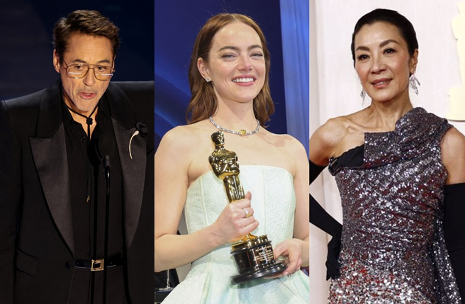 小劳勃道尼、艾玛史东奥斯卡获奖画面引争议，杨紫琼回应。（图／路透）