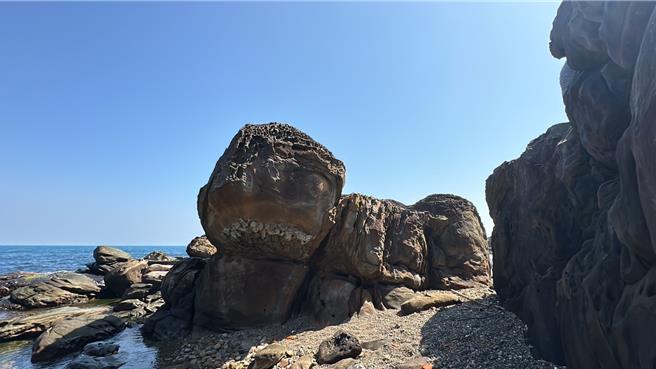 基隆市外木山海岸有座奇岩，從不同的角度觀察，會覺得長得像海龜，或是一隻栩栩如生的變色龍，讓不少網友嘖嘖稱奇。（翻攝照片／張志康基隆傳真）