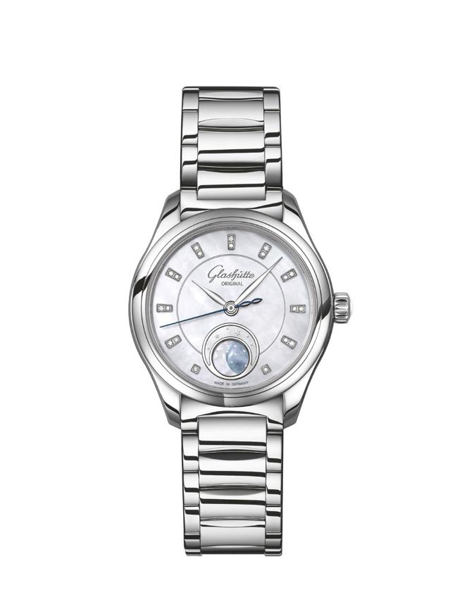 格拉蘇蒂原創推出Serenade Luna小夜曲月相女表，精鋼款鋼表帶38萬9000元。（Glashuette Original提供)