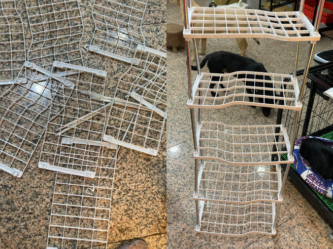 女子收到网购的收纳架后，发现实品歪七扭八相当逗趣。（翻摄自爆怨公社脸书）