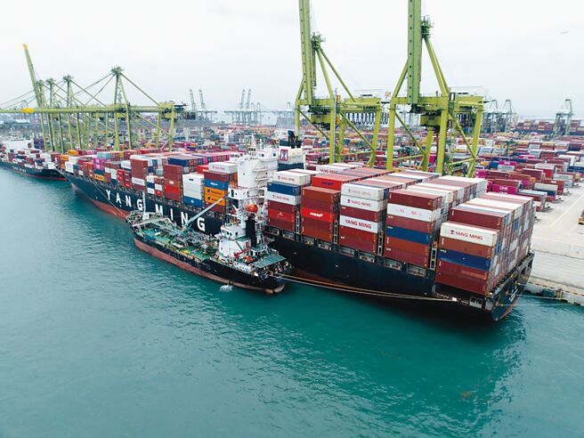 陽明海運鮮明輪3月8日於新加坡添加生質燃油。圖／陽明海運提供