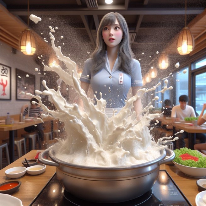 一间餐厅服务人员在整理桌面时，桌上的火锅突然炸锅，调监视器才知道客人故意将打火机丢进火锅里。（AI生成图）