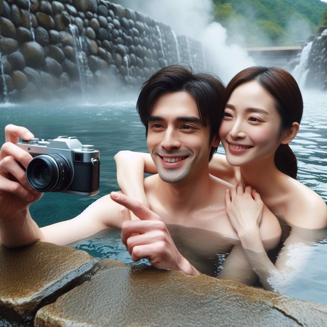 一對情侶在北投全裸泡溫泉，遭有心人士偷拍PO網。（AI生成圖）