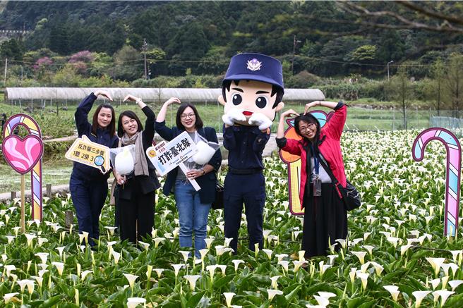 竹子湖海芋季開幕當天，市警局也派員警於現場宣導如何反詐騙。（鄧博仁攝）