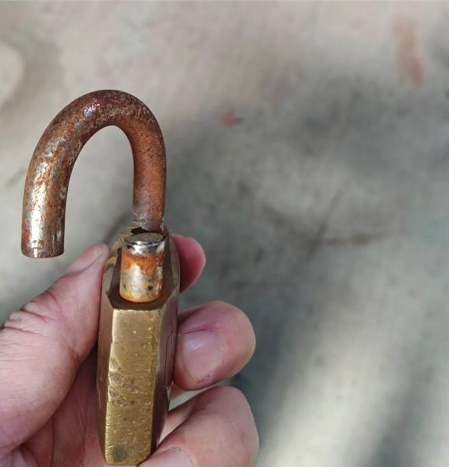 知名的玩具公仔收藏家「疯狂大叔」将自己的收藏品存放基隆七堵山区一处仓库，12日遭窃贼闯入，公仔与机具遭窃，价值超过500万元。图为遭剪断的门锁。（翻摄画面／徐佑升基隆传真）