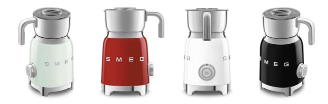 Smeg的全新电动奶泡机採用品牌经典的7色设计与金属机身和立体镀铬Logo，外型简约时尚。（品砚实业提供／古明弘台北传真）