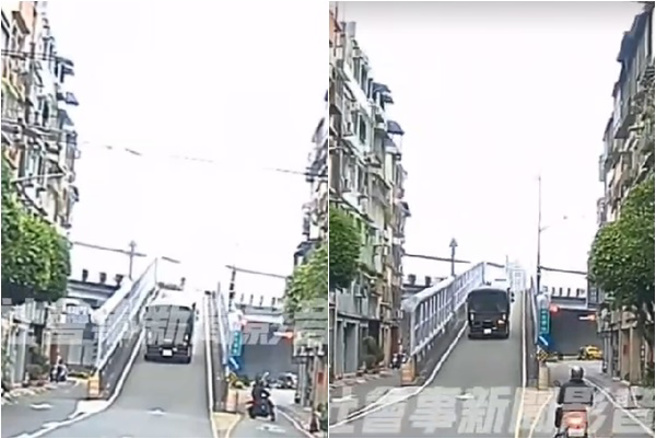 尷尬了！军卡逆上新北环快匝道，眾人注视下「倒退噜」。（图／翻摄自社会事影音）