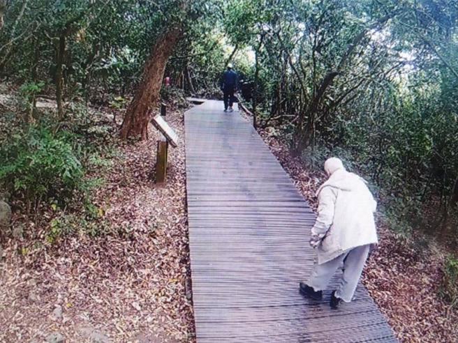 老翁短暂休息后，朝山上的方向前行。（自管处提供／袁庭尧高雄传真）