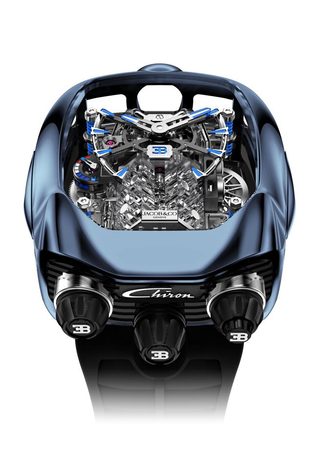 李銘順佩戴Jacob & Co.與Bugatti合作Bugatti Chiron Blue Titanium SHH聯名表，1165萬元。（高登鐘錶提供)