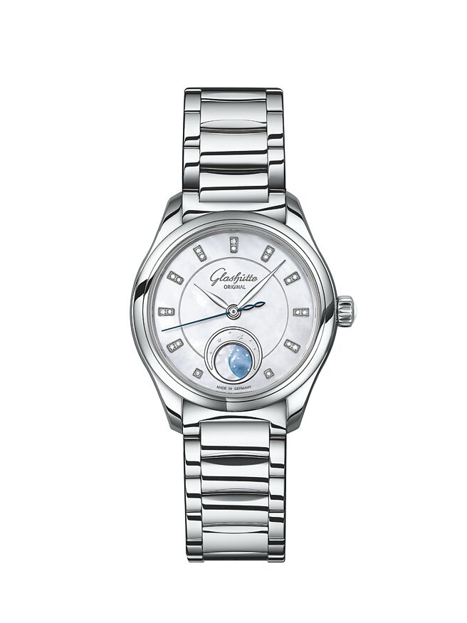 格拉蘇蒂原創推出Serenade Luna小夜曲月相女表，精鋼款鋼表帶38萬9000元。（Glashuette Original提供）