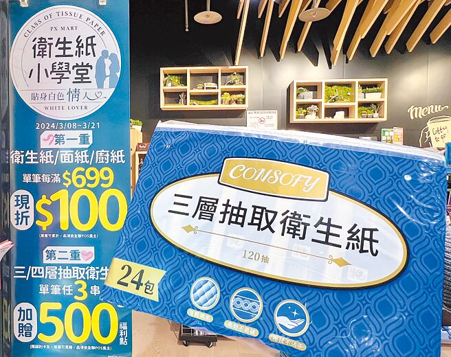 社群口碑爆棚的CONSOFY三層抽取衛生紙24包，售價365元，3月21日前一次買3串現折100元。（全聯提供）