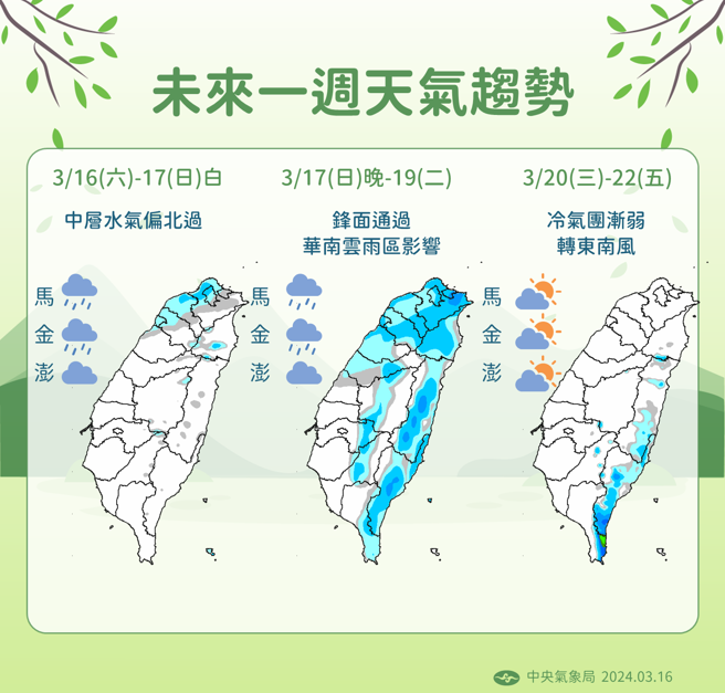 明天入夜后变天，下周冷气团来袭，低温下探11度。（图／气象署）