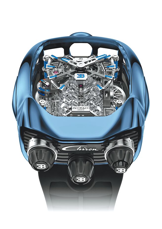 李銘順戴Jacob & Co.與Bugatti合作Bugatti Chiron Blue Titanium SHH聯名表，1165萬元。（高登鐘錶提供）